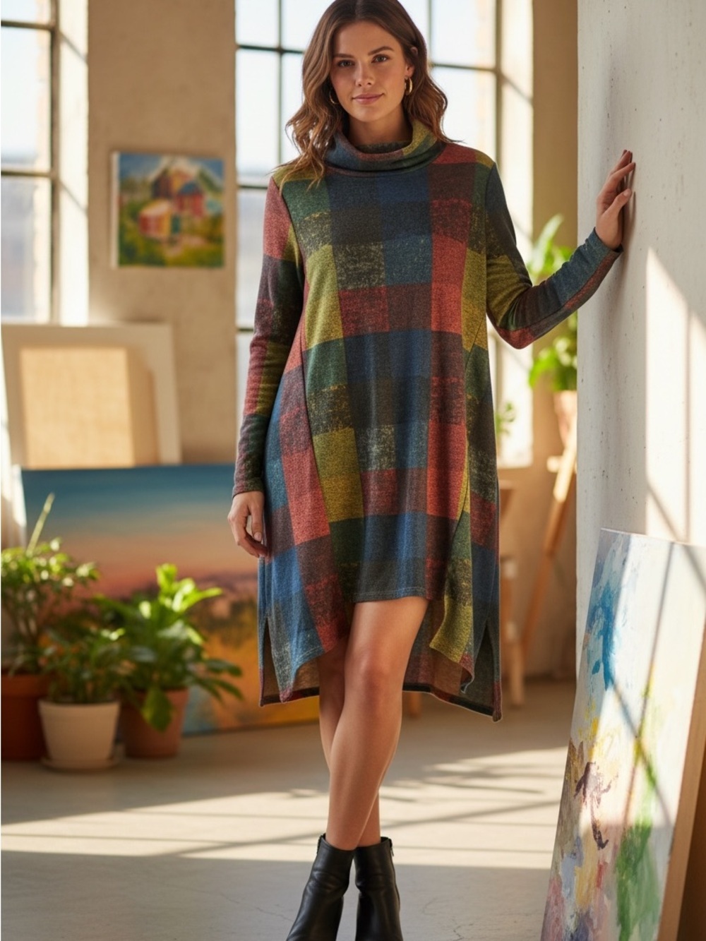 YipinYichu Women’s Boho Plaid Colorblock Asymmetrical Dress Size XXL Pockets